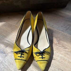 kate spade Yellow Suede Pointed-Toe Flats with Black Trim